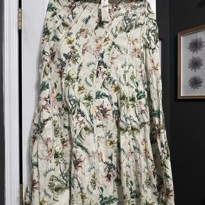 Anthropologie Floral A-Line Skirt in Cream and Green